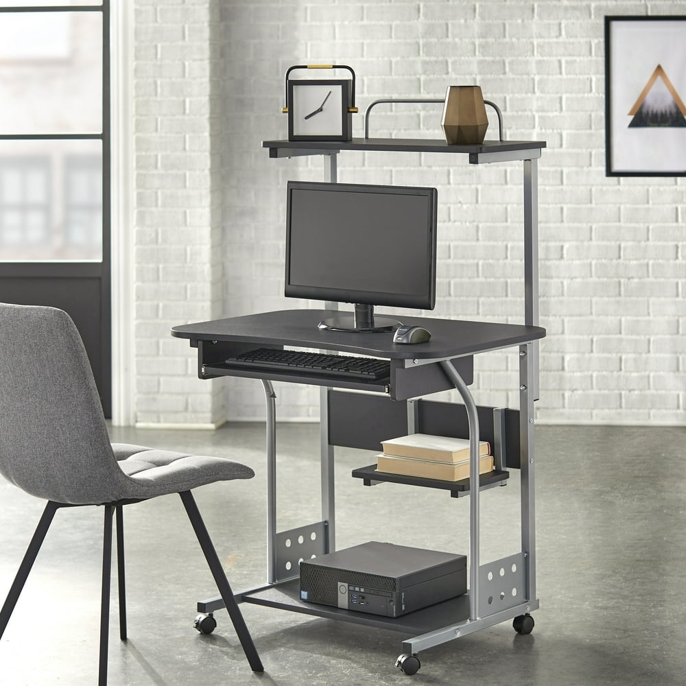 Mobile Computer Tower with Shelf, Gray