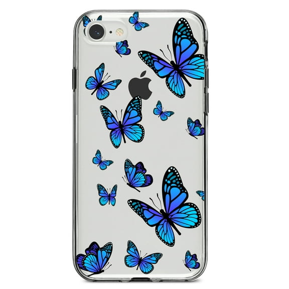 DistinctInk Clear Shockproof Hybrid Case for iPhone 7 8 SE (2020 Model) 4.7" Screen TPU Bumper Acrylic Back Tempered Glass Screen Protector - Blue Butterflies Butterfly