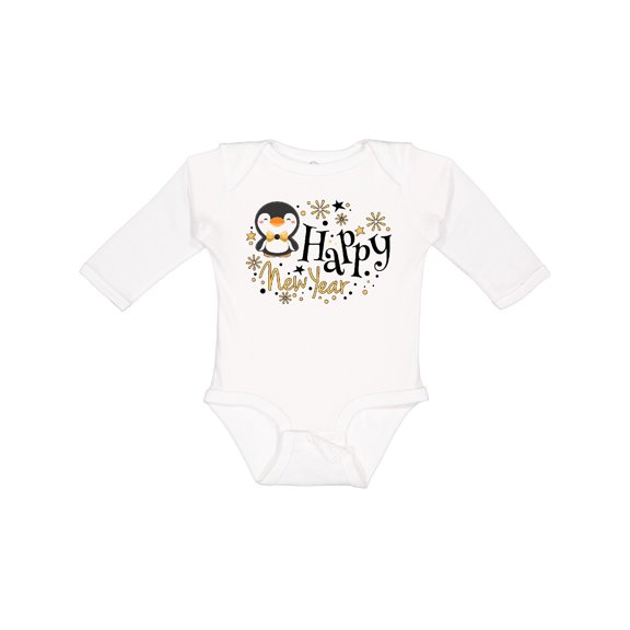 Inktastic Happy New Year with Cute Penguin Boys or Girls Long Sleeve Baby Bodysuit