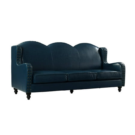 Deep Seating 3 Seater - Leather Sofa 3 Seater, Living Room Couch, Loveseat for 3 with Nailhead Trim (Blue)