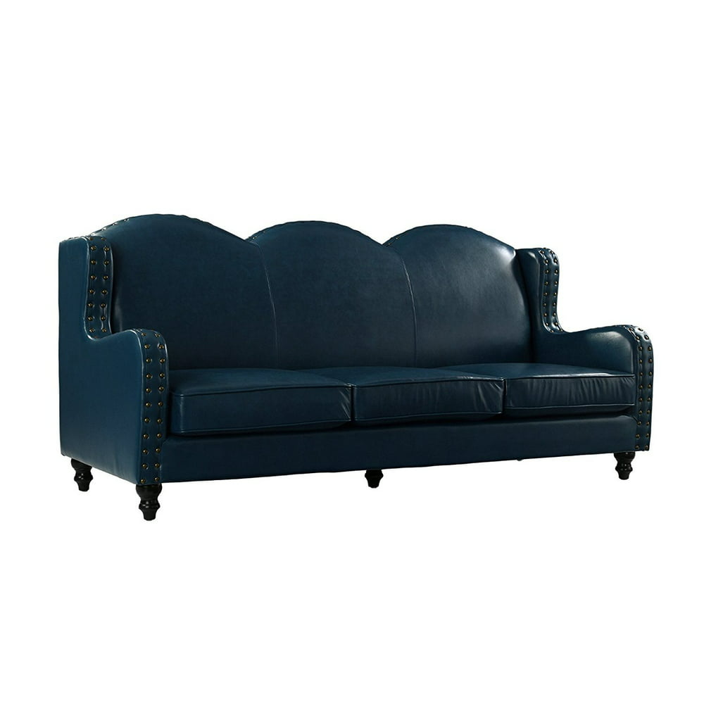 Leather Sofa 3 Seater, Living Room Couch, Loveseat for 3 with Nailhead Trim (Blue)