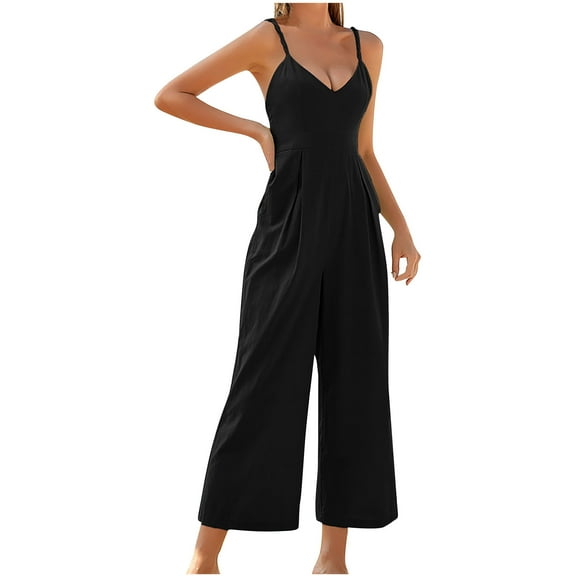 Jumpsuits for Women Casual Sexy Deep V-Neck Backless Rompers Sleeveless Solid Color Loose Young Miss Suspender Wide Leg Overalls