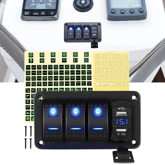 Waywe 3 Gang Rocker Switch Panel Blue Backlit with 4.8 Amp Dual USB Charger Voltmeter Waterproof 12V 24V DC Rocker Switch for Car Trucks Boats RVs