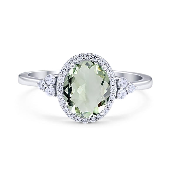 Natural Green Amethyst Prasiolite Size-5 Art Deco Oval Classic Vintage Style Halo CZ Wedding Engagement Ring For Women 925 Sterling Silver Gifts For Her