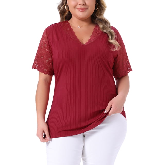 Blusa Elegante de Manga Corta de Encaje con Cuello en V para Mujeres Talla Grande Agnes Orinda Primavera Verano Punto Acanalado 4X Burdeos