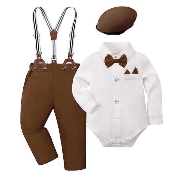 REDARER Kids Dress Shirt & Suspenders Set, Elegant Long Sleeve Outfit with Detachable Hat for Photoshoots & Occasions,Size:12-18 Months