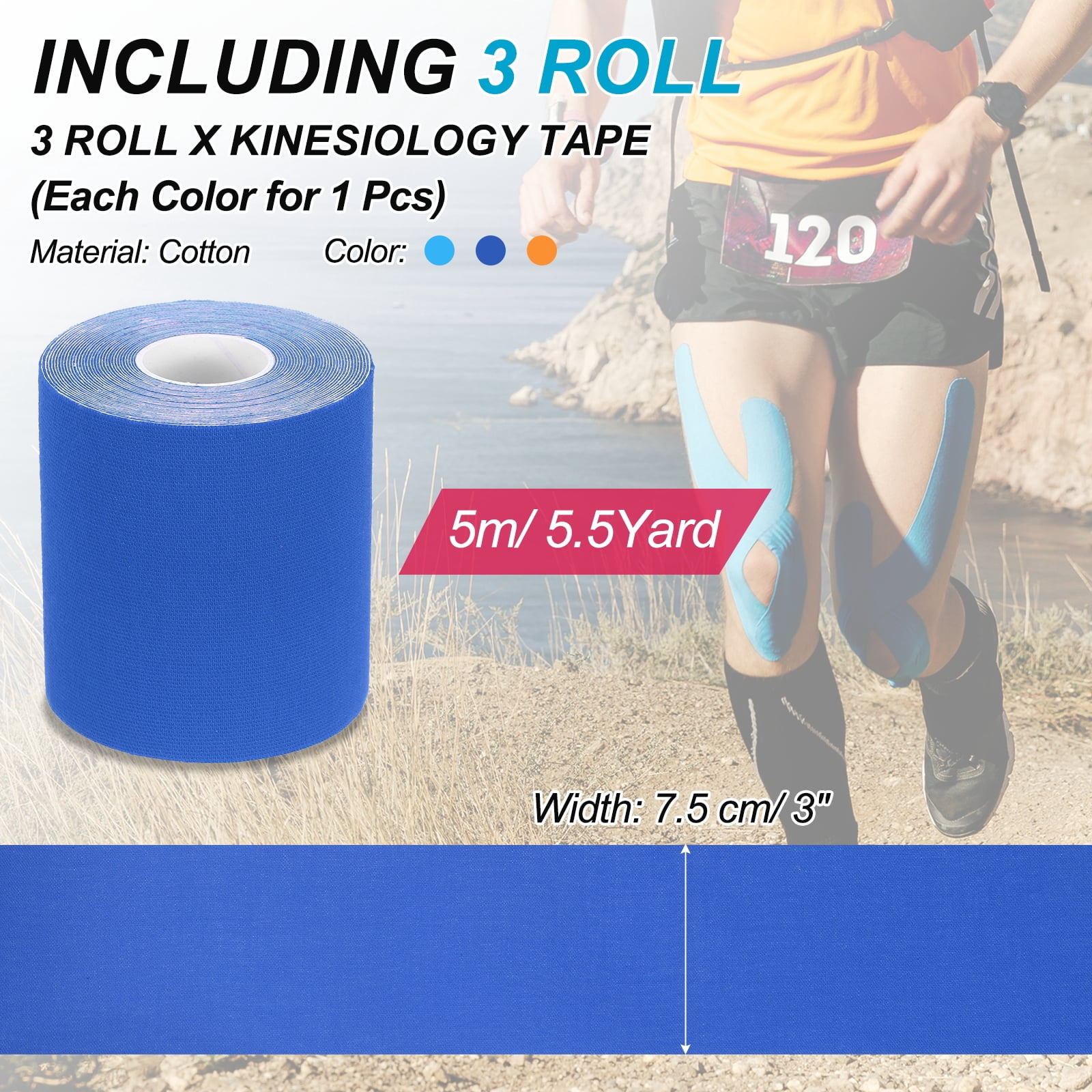 Uxcell 5.5 Yard x 3 Inch Kinesiology Tape, Adhesive Cotton Sports Muscle Support Tapes Waterproof Elastic Tape Orange/Dark Blue/Blue 3 Roll