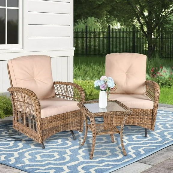 MEETWARM 3 Pieces Outdoor Patio Wicker Rocking Glider Set, Rocking Chairs Rattan Patio Furniture Sets with Thickened Cushion and Glass-Top Coffee Table, Conversation Bistro Set for Porch & Backyard