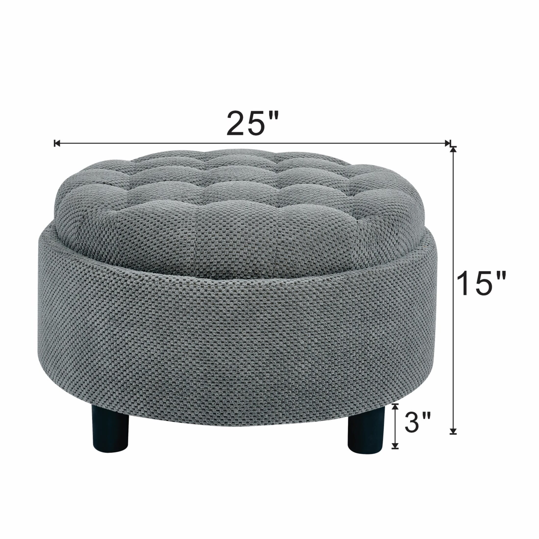 Noble House 25" Round Storage Ottoman with Removable Tray Top, Upholstered Coffee Table, Light Gray