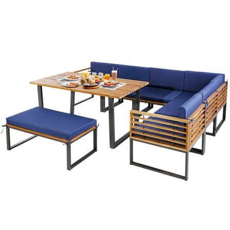 Barara King Outdoor Dining Table Sets,Patio Dining Chairs and Table,8 Pieces Patio Acacia Wood Dining Table Set with Ottoman Cushions-Navy