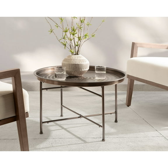Kate and Laurel Mahdavi Modern Round Outdoor Coffee Table, 25 x 25 x 16, Bronze, Transitional Patio Coffee Table with Textured Top for Outdoor Furniture Decor