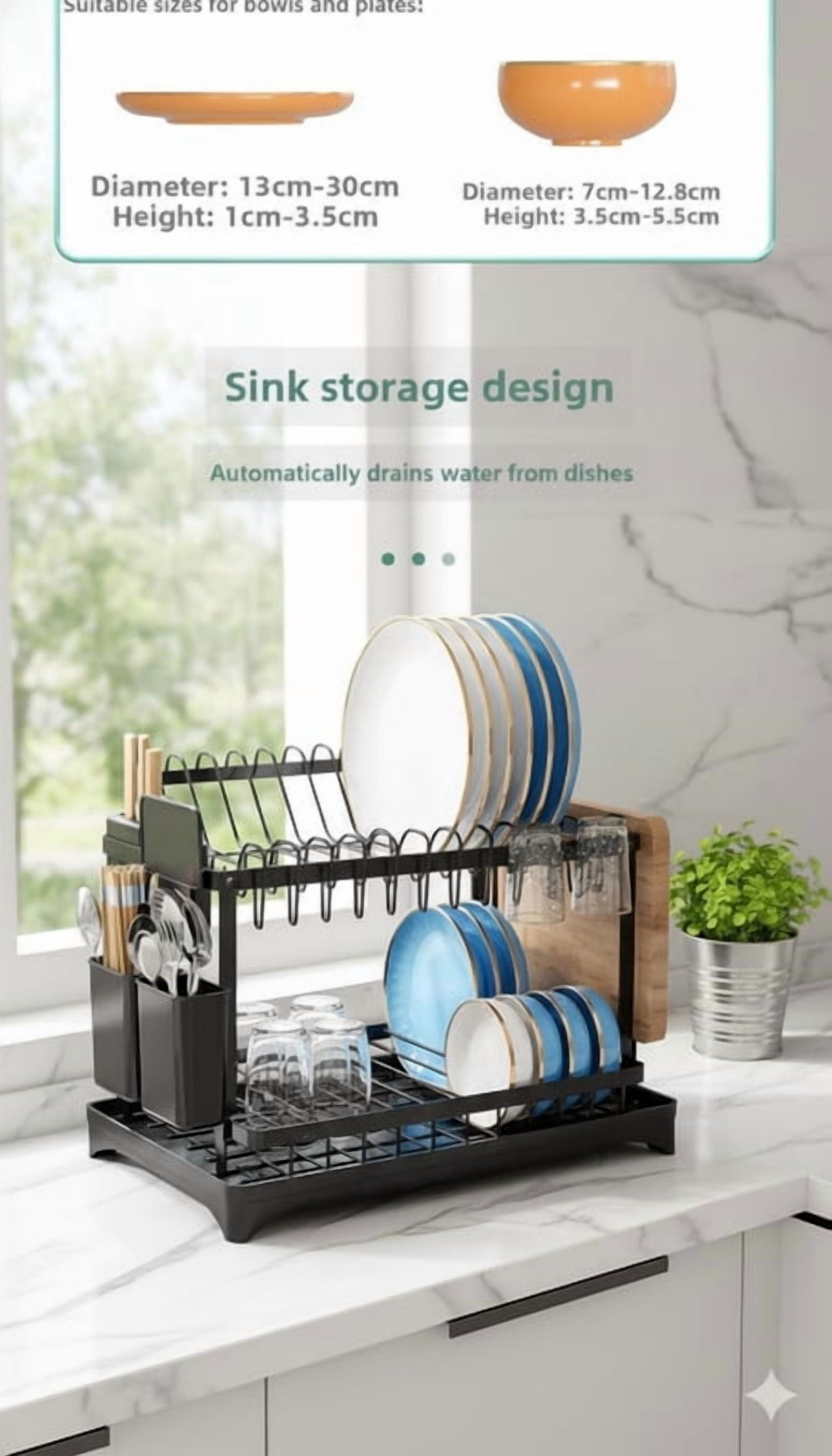 Dish Drying Rack, 2 Tier Large Dish Drying Rack for Kitchen Counter with Drainboard Stainless Steel Dish Drainer for Dish/Knifes/Cup/Cutting Board