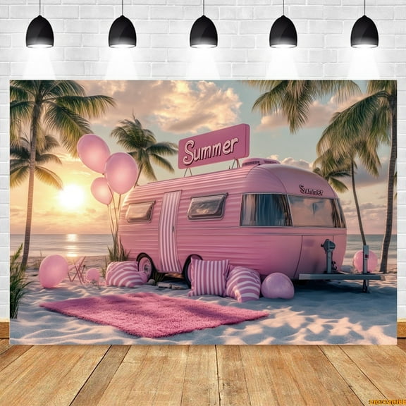 Summer Backdrop Photography Seaside Beach Sunset Pink Van Palm Tree Travel Holiday Photo Background Photostudio Shooting Props