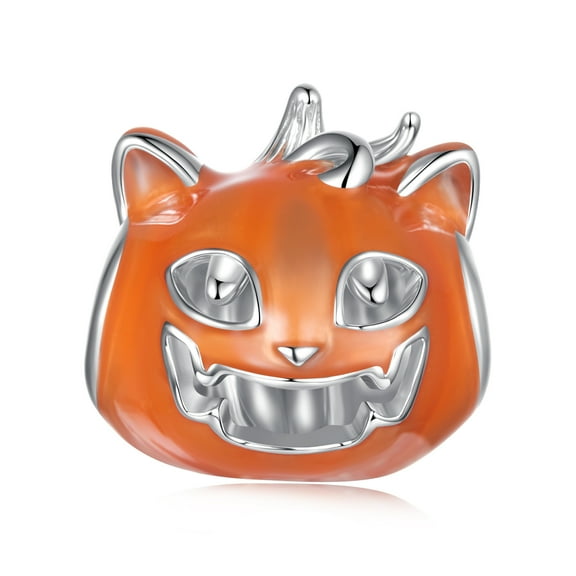 Halloween Luminous Pumpkin Cat Charm, Genuine 925 Sterling Silver Charm, Compatible with Most Charm Bracelet