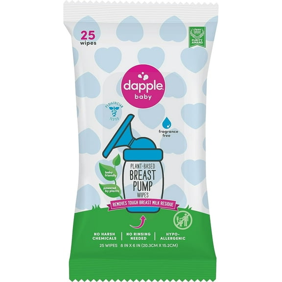 Breast Pump Wipes by Dapple Baby, 25 Count, Fragrance Free, Plant Based & Hypoallergenic Breast Pump Wipes - Removes Milk Residue, Leaves No Taste - Convenient Wipes Pouch