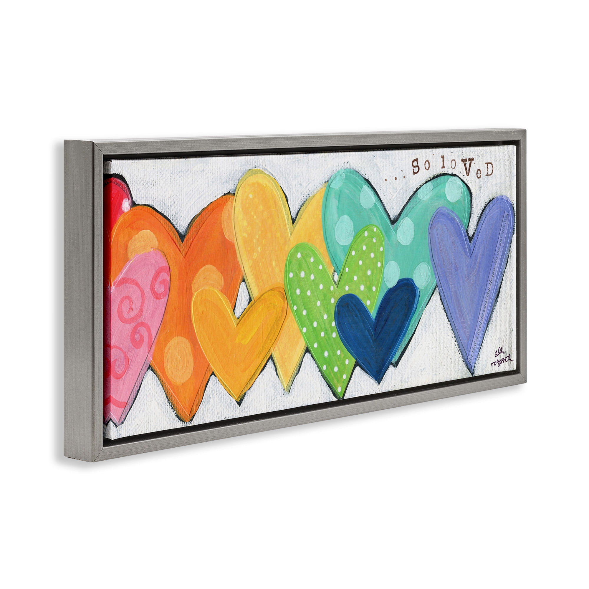 Stupell Industries Patterned Hearts So Loved Typography Painting Gray Floater Framed Canvas Art Print Wall Art, 31 x 14