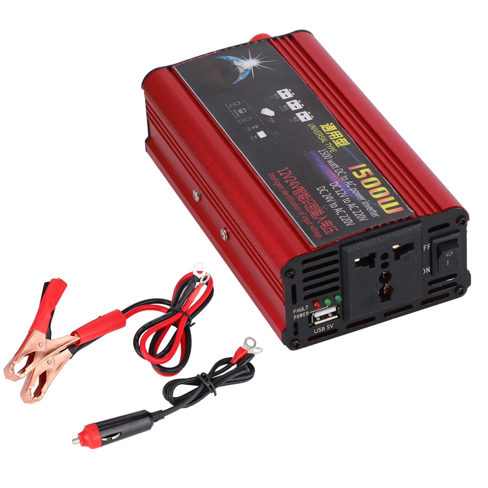 Vikenar El convertidor del Adaptador del Cargador del Coche 1500W inversor de la energa del USB de Onda sinusoidal modificada DC 12V / 24V a 220V AC