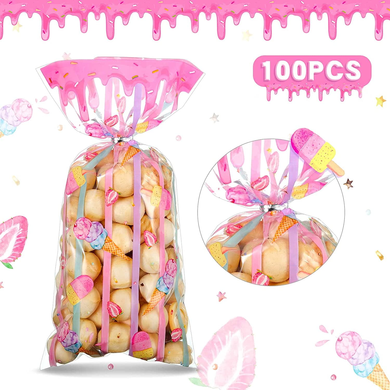 100 Pieces Ice Cream Treat Bags Cello Clear Sweet Party Favors Plastic Candy Cellophane Bags with 100 Silver Twist Ties for Kids Sweet Birthday Decorations Supplies