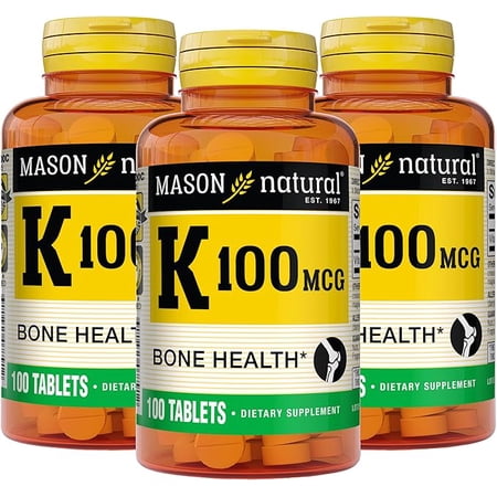 MASON NATURAL Vitamin K 100 mcg - Supports Joint and Bone Health, Helps The Body Transport Calcium, 100 Tablets (Pack of 3)