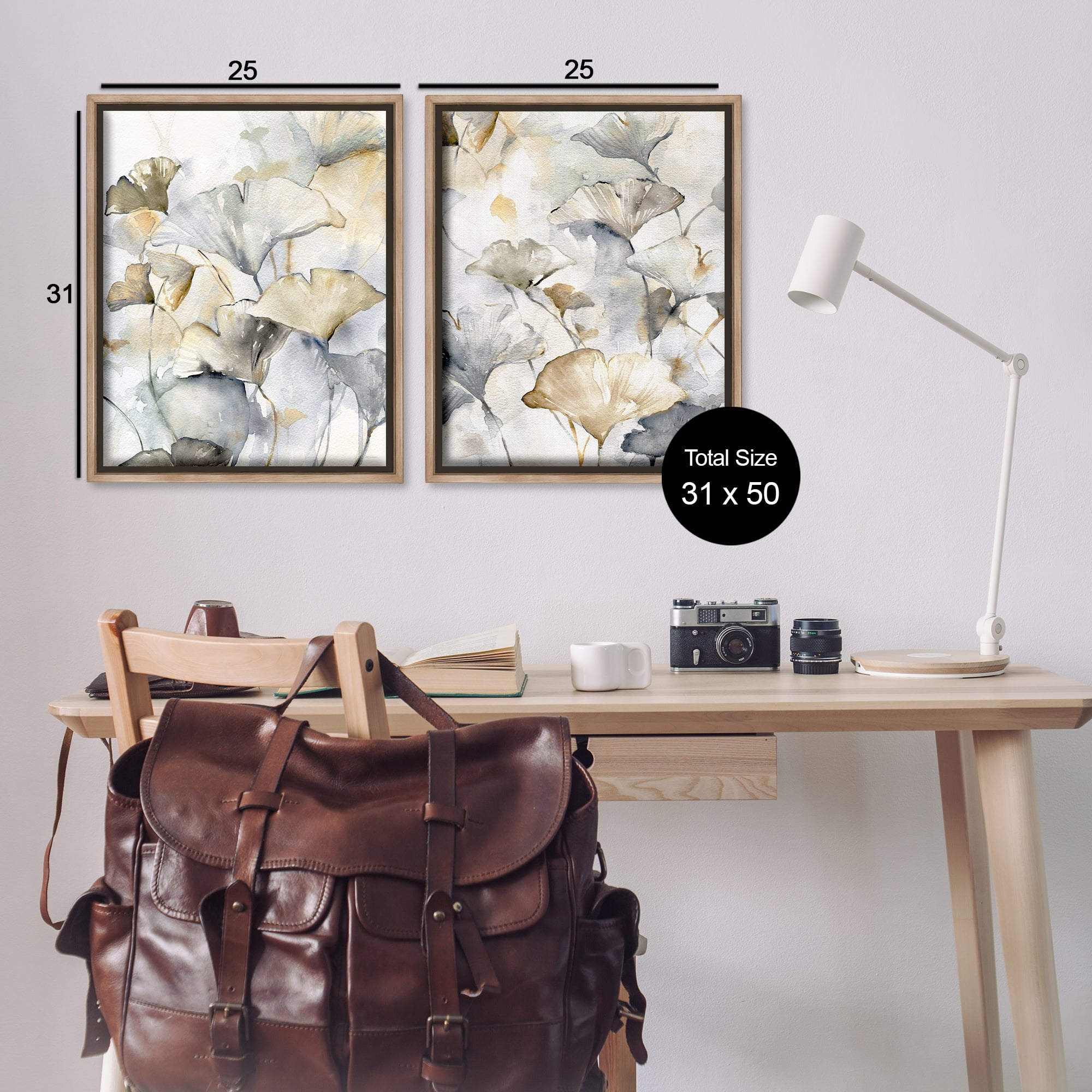 Stupell Industries Gingko Leaves in Layers Plants & Flowers Painting Brown Floater Framed Canvas Art Print Wall Art, 31 x 25, Set of 2