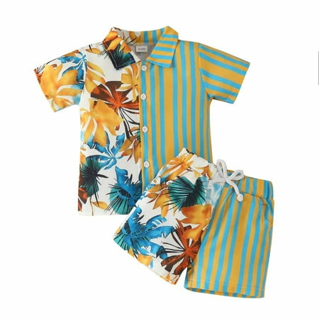 

Jerdar Summer Clothes Set for Kids Boys Short Sleeve Shirt Shorts Holiday Stripe Leaf Single Breasted Top Shorts Set Green 2-3 Years