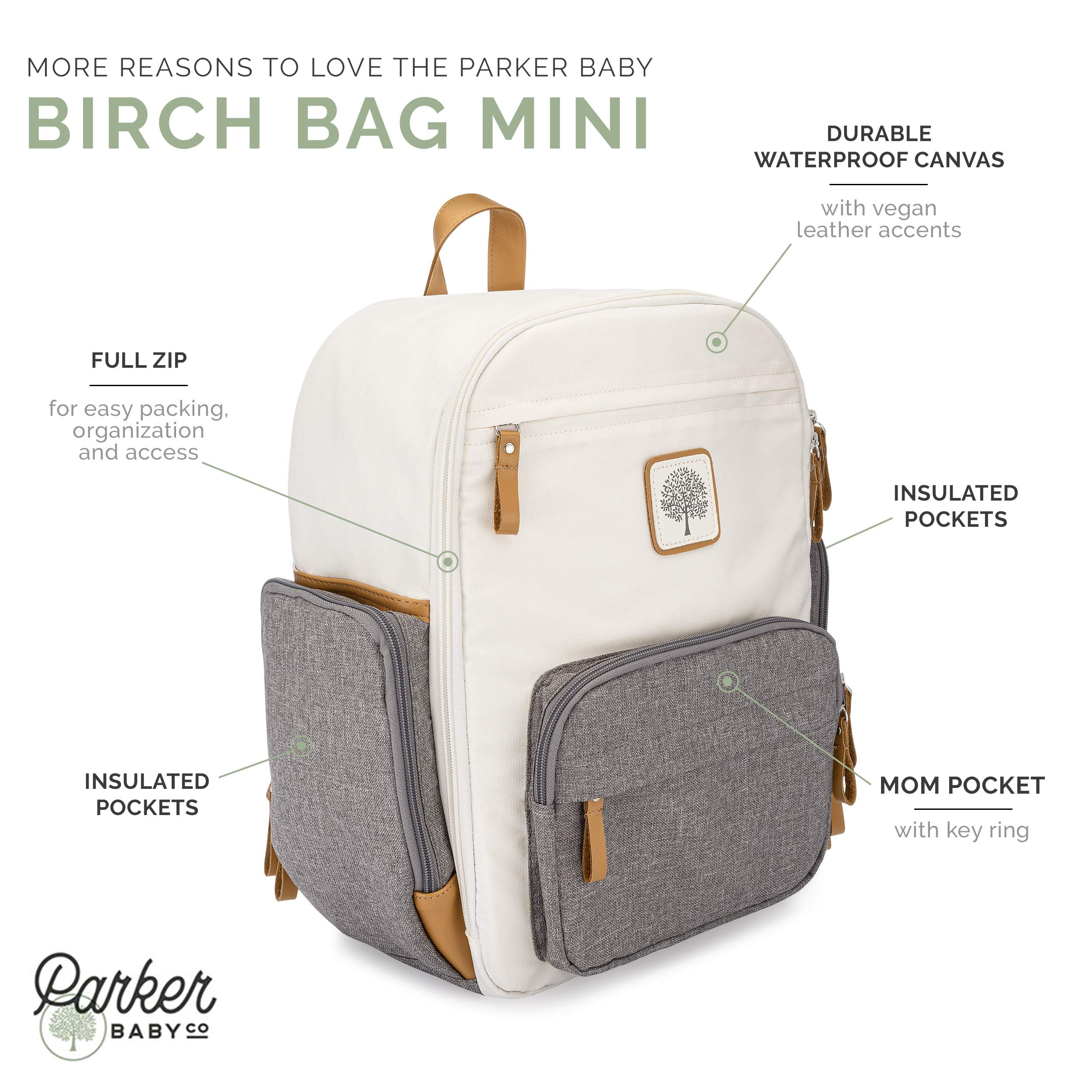 Parker Baby Co. Birch Bag Mini Diaper Backpack, Lightweight Baby Bag with Insulated Bottle Pockets, Compact & Organized - Cream