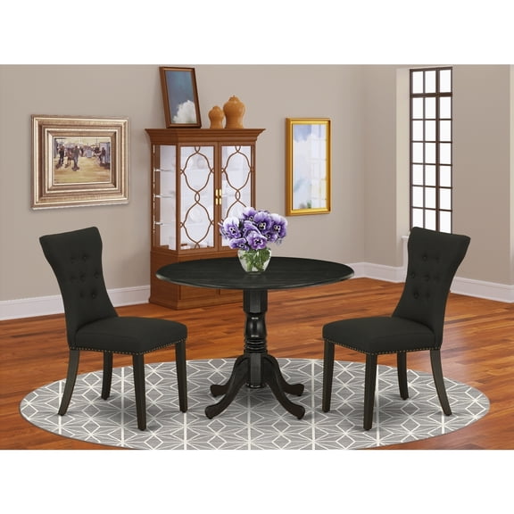 Round Dining Table Set for 2- 3 Piece Kitchen Table & Chairs - Black Linen Fabric Parsons Chairs