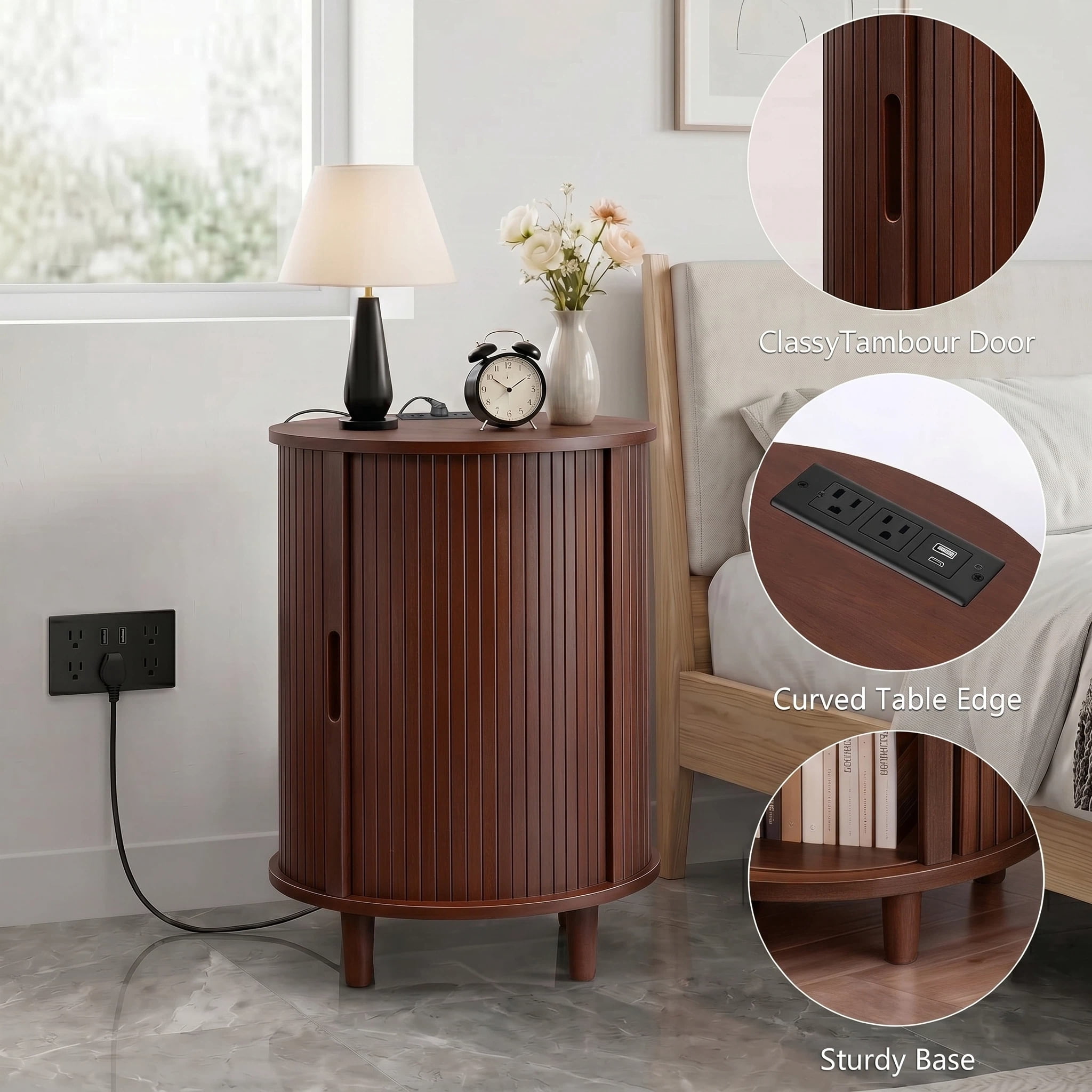 AISWORD Round End Table with Charging Station, Fluted Accent Side Table with Sliding Door and Adjustable Shelf, Nightstand for Small Space, Walnut