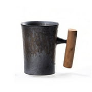 ETASE 300Ml Creative Handmade Ceramic Coffee Mug with Spoon Rust Glaze with Wooden Handle Water Cup for Home/Office