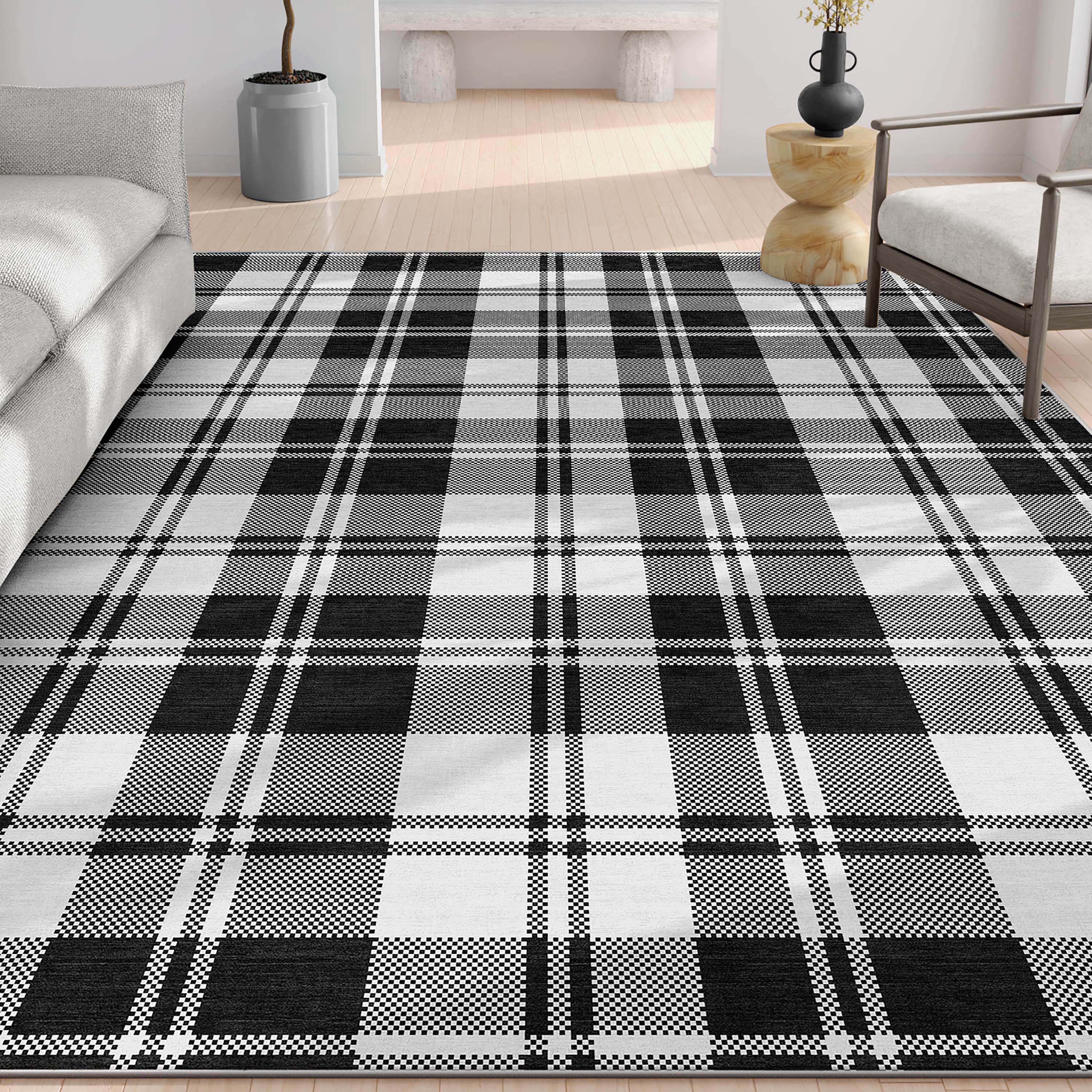 Well Woven Apollo Plaid Modern Black Flat Pile Easy to Clean 5' x 7' Area Rug for Living Room Dining Room Bedroom and Kitchen