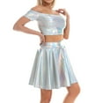 thumbnail image 6 of Women's 2Piece Metallic Outfit Shiny Off Shoulder Crop Top + Silver Mini Skirt Dress Alien Costume Rave Clubwear XXL Holographic Silver - Off Shoulder, 6 of 8