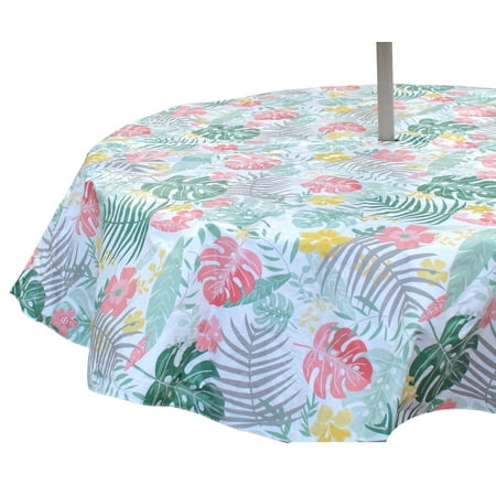 

Outdoor Summer Colorful Tropical Palm Leaves and Flowers Patio Table Umbrella Vinyl Tablecloth Umbrella Hole in Center with Zipper Green Coral Yellow Taupe White 70 Inch Diameter Round
