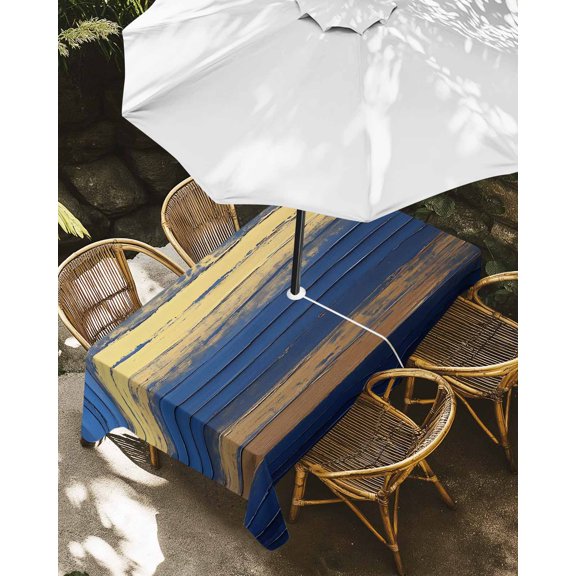 Outdoor Tablecloth with Umbrella Hole, Modern Navy Blue Yellow Line Zippered Table Cloth for Rectangle Tables, Abstract Minimalist Stripe Washable Waterproof Tablecloths for Picnic Patio Garden