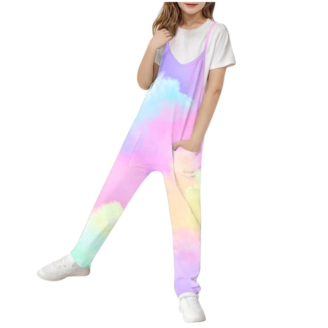 Odeerbi 5-14 Años Niñas Traje de Verano Tie-Dye Camisola Romper Primavera Casual Respirable Comfortable Overalls Correa Bib Pantalones En General Traje de Juego