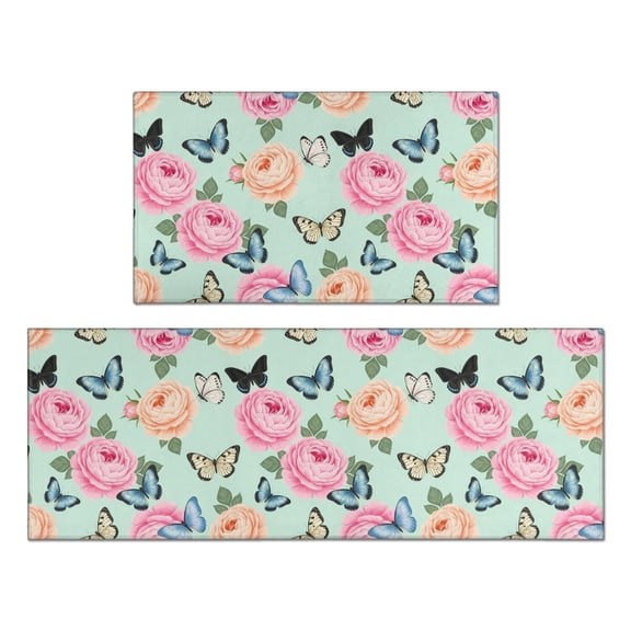 Pioneer Flower Floral Print Pattern Anti Fatigue Kitchen Rugs Set Of 2, Non Slip Washable Decorative Floor Mats for Kitchen Sink Laundry, 17"x30" and 17"x47"
