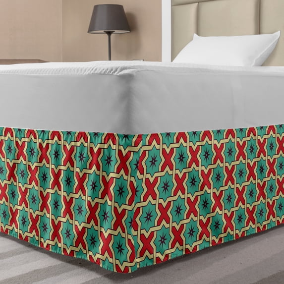 Geometrical Bed Skirt, Abstract Heraldic Vintage Ottoman Inspired Oriental Mosaic Art, Elastic Bedskirt Dust Ruffle Wrap Around for Bedding Decor, 4 Sizes, Cream Red and Turquoise, by Ambesonne
