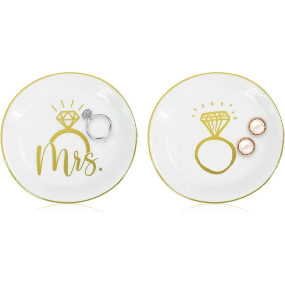 SINGOMON 2PCS Mrs Ring Dish Wedding Ring Holder Engagement Gifts for Bridal Necklace Earring Key Jewelry Dish Jewelry Tray Trinket Tray Plate Holder for Bride On Her Wedding Shower or Bridal Shower