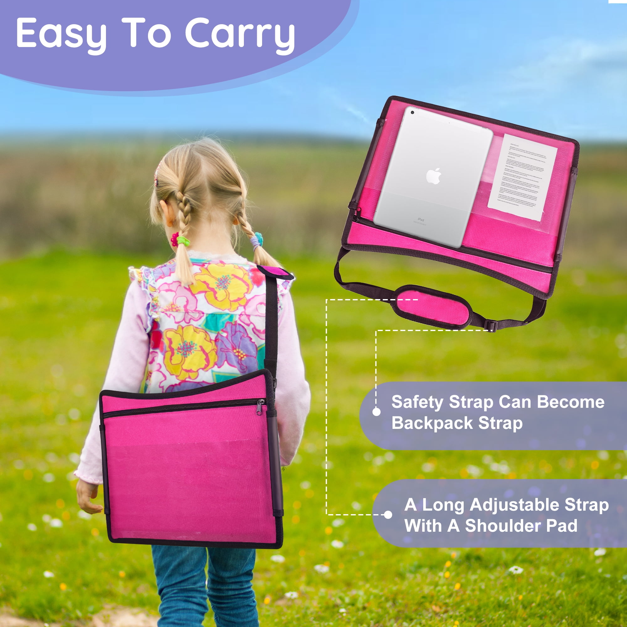 Kids Travel Tray, Play Tray For Kids Car Seat, Toddler Road Trip Essentials, Drawing Lap Tray With Storage Space for Airplane, Multifunctional Activity Tray Road Trip Must Haves For Kids , Pink