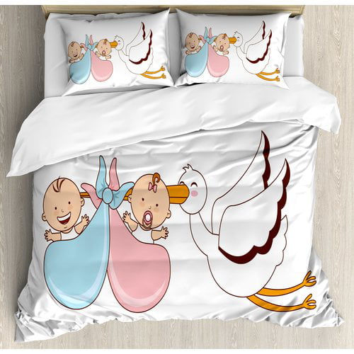 Ambesonne Gender Reveal Decorations Babies With Stork Myth Congratulation Playroom Baby Shower Kids Duvet Cover Set