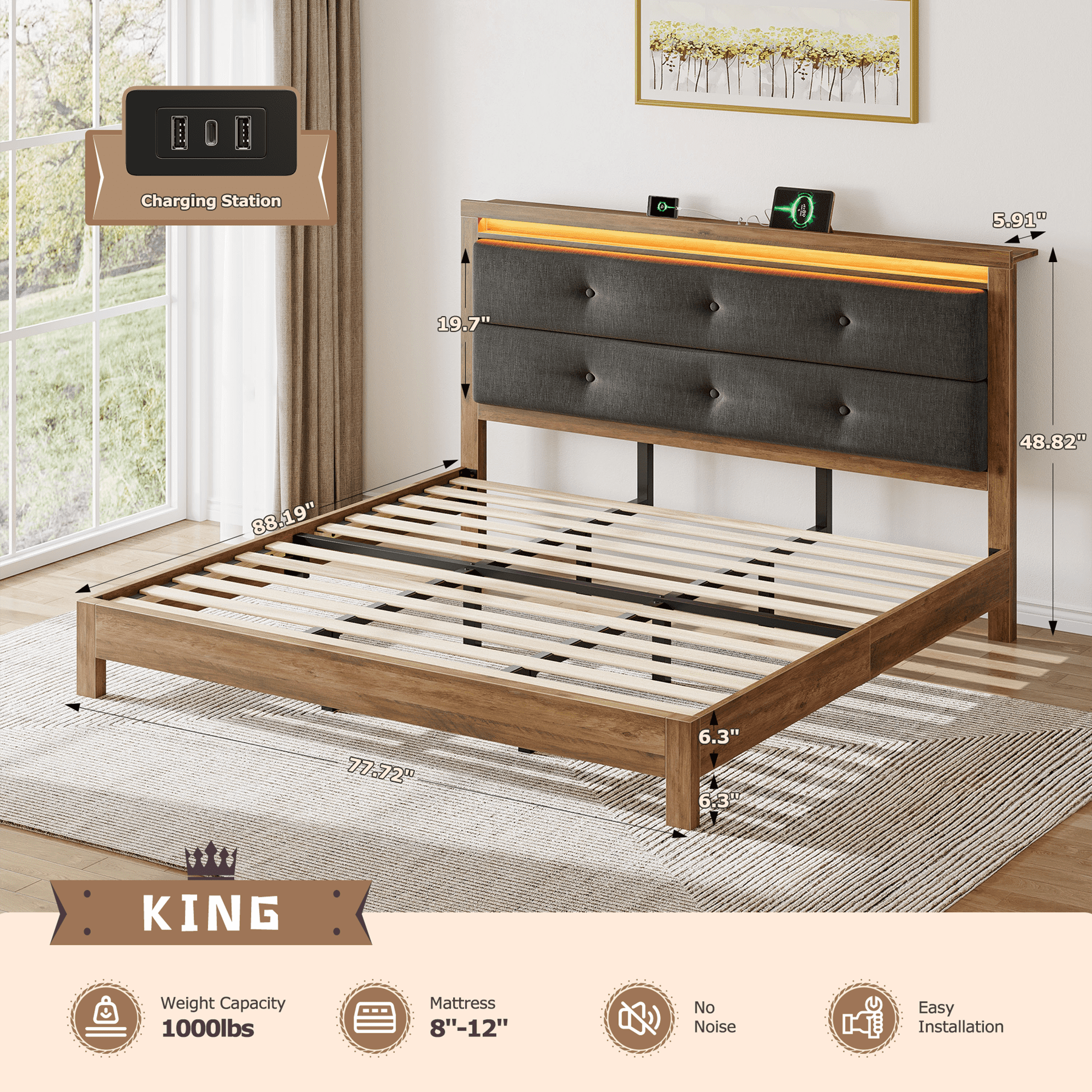 King Size Bed Frame with Headboard & Charging Station & LED Lights Upholstered Bed Frame with Storage Platform Wood Bed