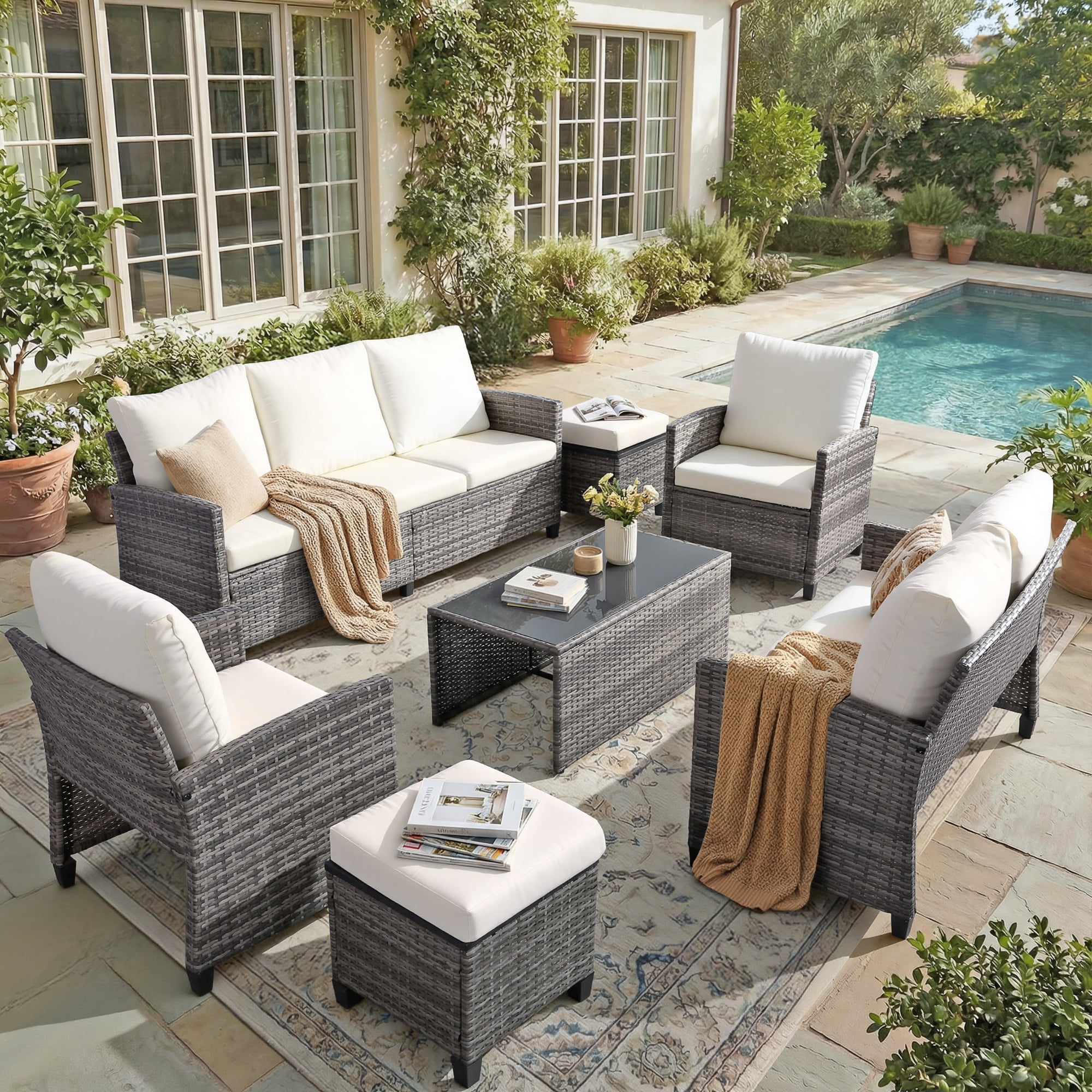 Outdoor Patio Furniture Sets Wicker Conversation Set PE Rattan Sectional Sofa Couch with Ottomans, and Coffee Table for Backyard, Porch and Garden(gray&Beige)