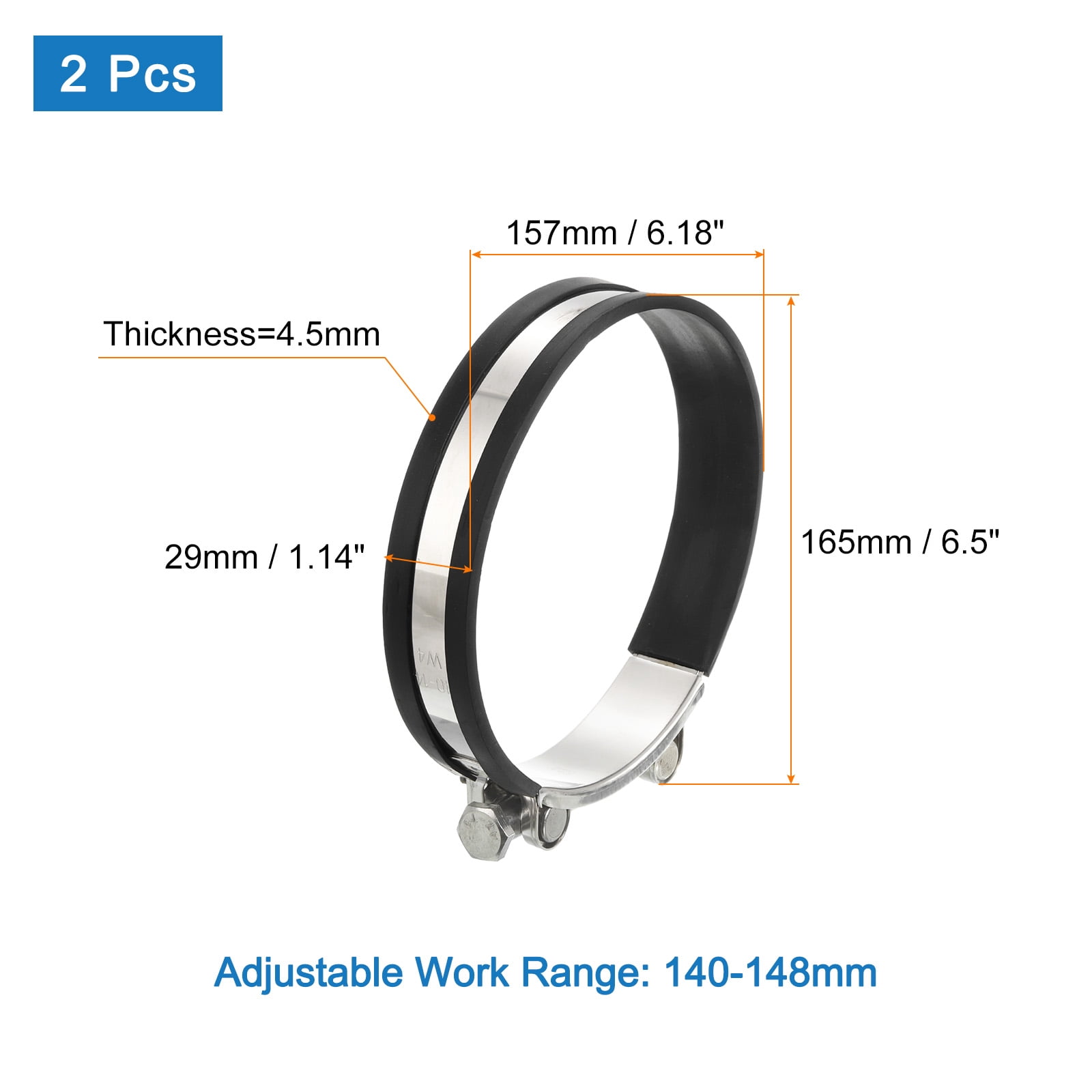 Uxcell T-Bolt Hose Clamp 2Pack 140-148mm Rubber Cushion Metal Intake Intercooler Clamps