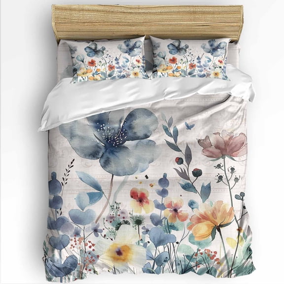 Spring Floral Twin Size Comforter Set, Pastoral Wildflowers Plants Linen Background Soft Bedding for All Seasons, 4 Pcs Bed Set with 1 Comforter (68"x86") ,1Sheet(66"x116"), 2 Pillowcases (19"x29")