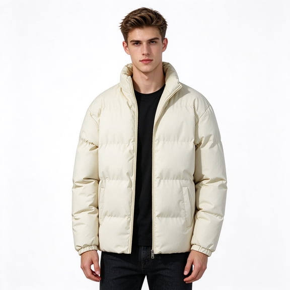 COSFO Puffer Jacket Men No Hood Winter Coat Full Zip Solid Color Stand Colla Warm Windproof Outerwear Jackets