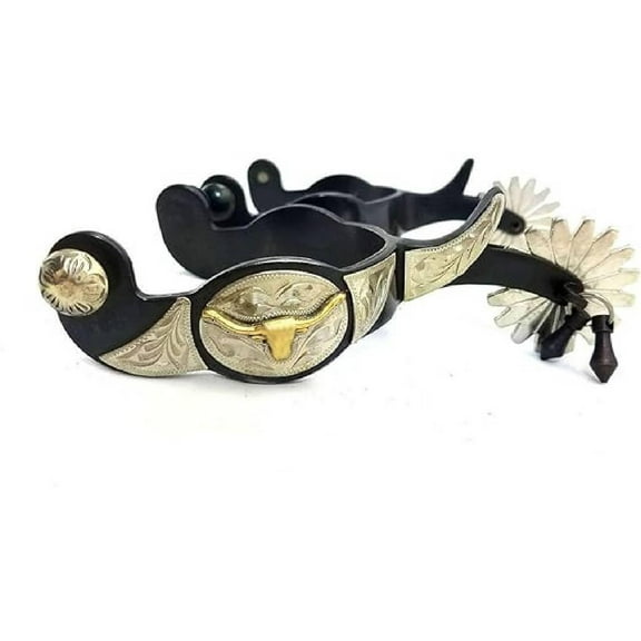 Southwestern Equine Western American Cowboy Texas Longhorn 16pt Jingle Bob Spurs and Leather Basket Weave Spur Straps