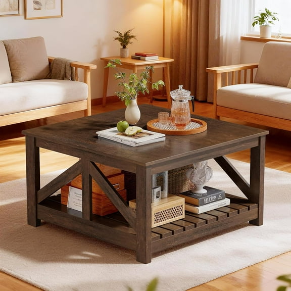PINDEE Coffee Table with Dual Storage Compartments Modern Farmhouse Cocktail Table Sturdy Wood Center Table for Living Room Lounge Office Reception.Square,Rustic Brown
