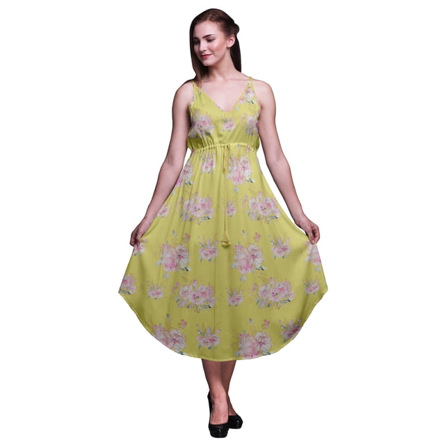 Bimba Floral Ladies Printed Resort Midi Drawstring Dress Spaghetti Strap Beach Wear-X-Small