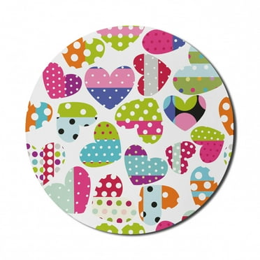 Colorful Mouse Pad for Computers, Heart Shapes with Patches and Polka Dots Cheerful Pattern Design Artwork, Round Non-Slip Thick Rubber Modern Gaming Mousepad, 8" Round, Multicolor, by Ambesonne