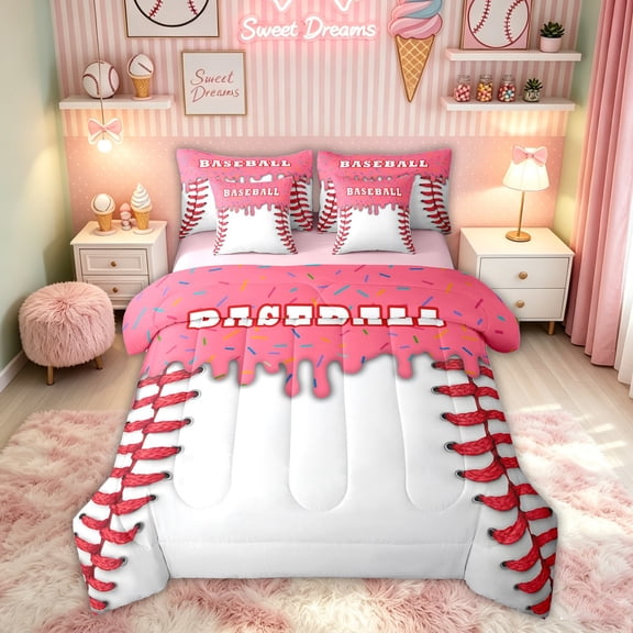 Feelyou Pink Baseball Sport Twin Bedding for Kids, Sprinkle Ice Cream Drip Bedding Comforter Set, Pink Reversible, 7 Pieces