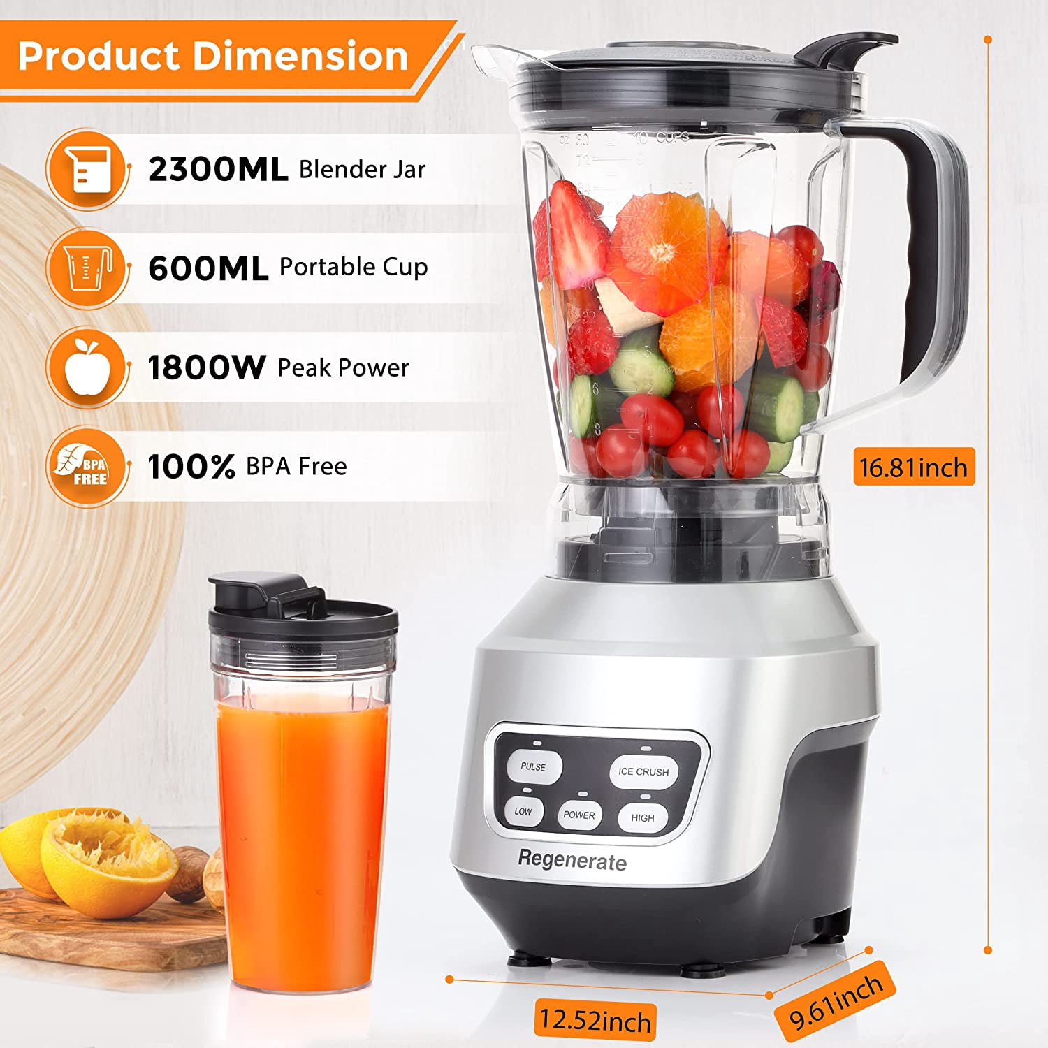 Countertop Blender for Kitchen, 1200W Powerful Smoothie Blender with 1.5L Glass Jar and Portable Travel Cup, 6-Blade System for Ice Crushing, Shakes & Smoothies, 21,000 RPM, Silver